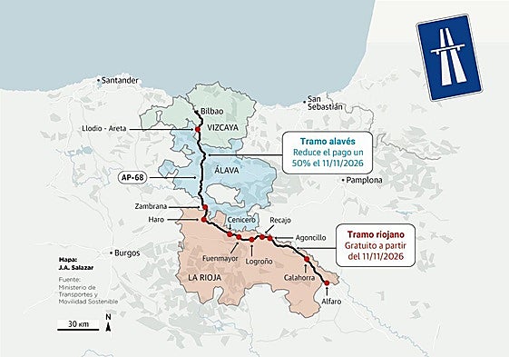 Camiones y coches circulan por la autopista AP-68.