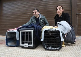 Roberto Viguera y Vanesa García posan con los gatos rescatados en la vivienda desalojada en Lardero.