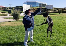 Eva Angelines Clavijo juega con su adoptado perro Vox en el parque Felipe VI de Logroño.