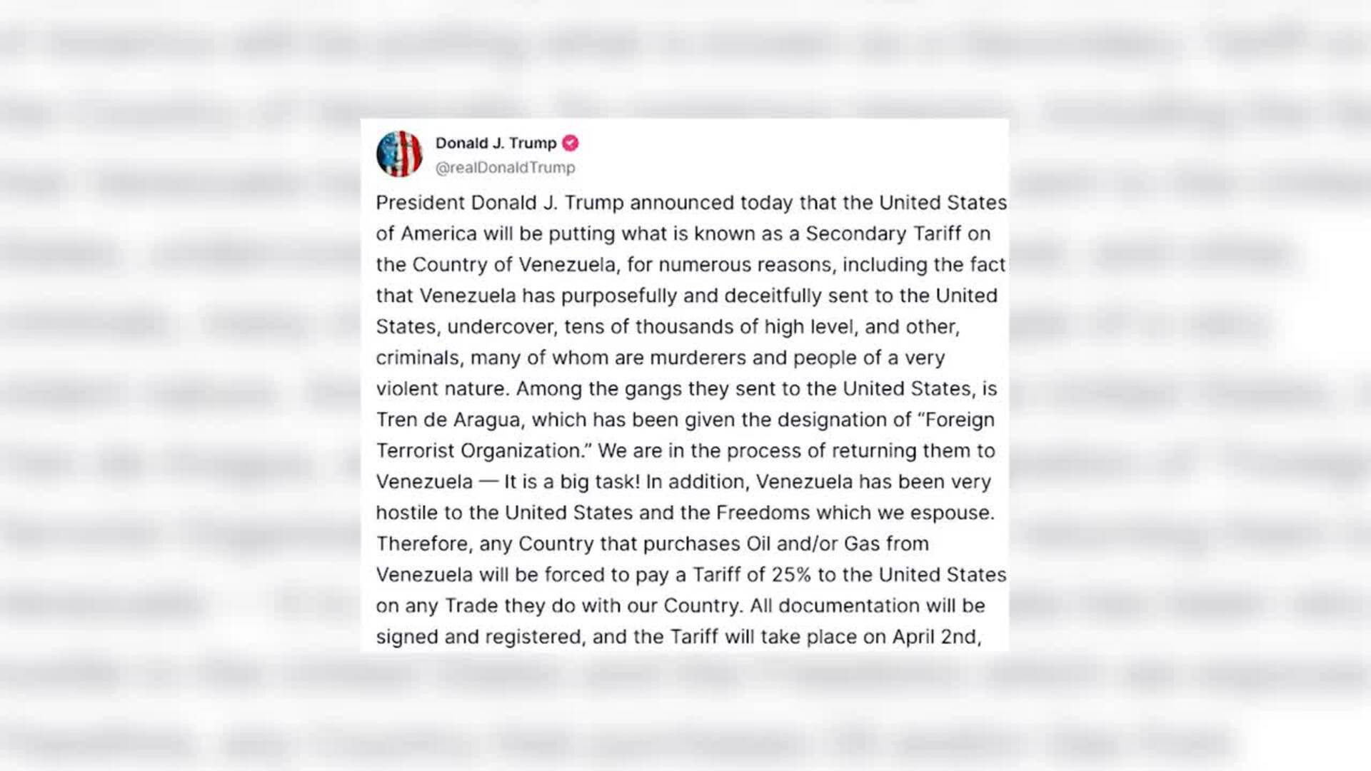 Trump impone un arancel del 25% a los países que compren gas o petróleo de Venezuela