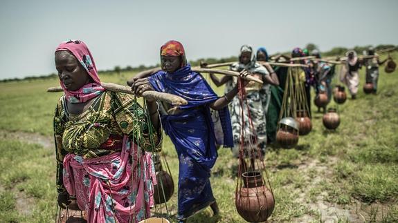 Un grupo de mujeres transporta agua en Am-Ourouk (Chad).