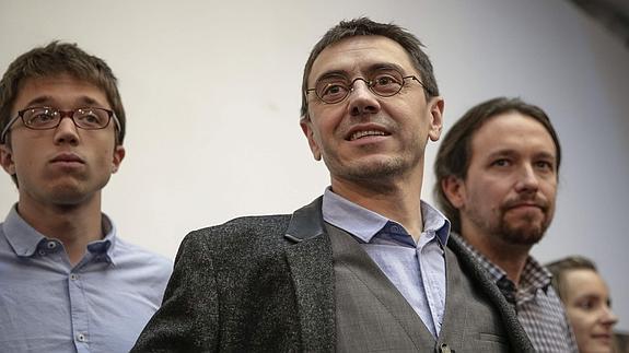 Errejón, Monedero e Iglesias, antes de la comparecencia.