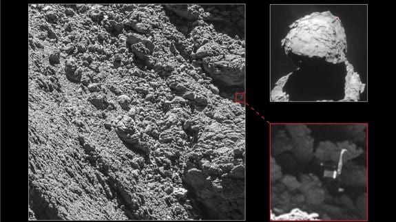 Una composición con las imágenes del cometa y Philae.