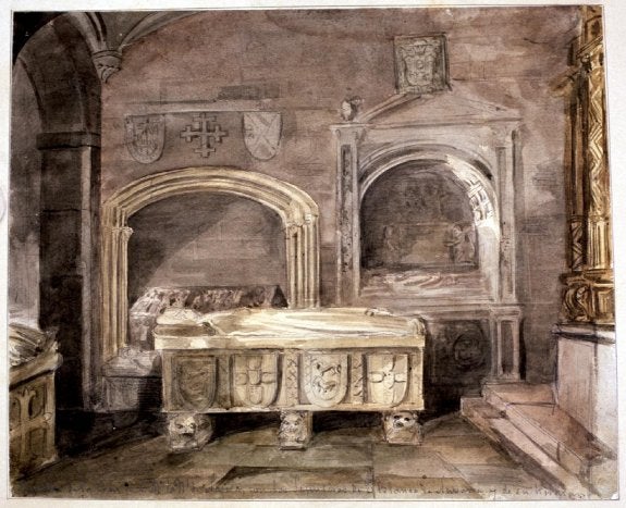 Tumbas de Diego López de Haro y su esposa Toda Pérez de Azagra,  al fondo y junto a otros sarcófagos, en el monasterio de Santa María  la Real de Nájera, tal como se hallaban en 1850. 