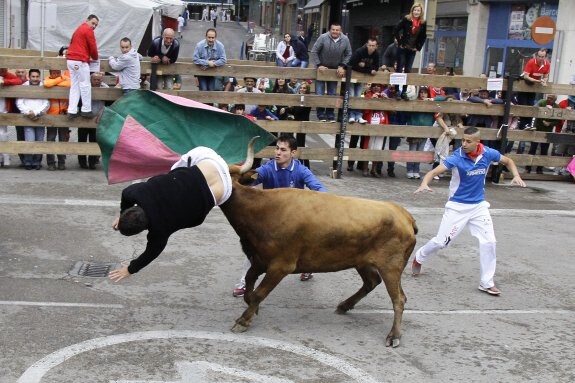   Primera cogida. La vaca sacó de la plataforma y empitonó al joven de 35 años. 