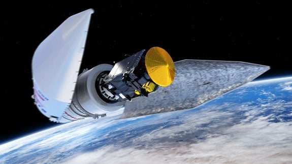 El orbitador TGO y el módulo de descenso Schiaparelli, en una imagen simulada de Marte. :: esa
