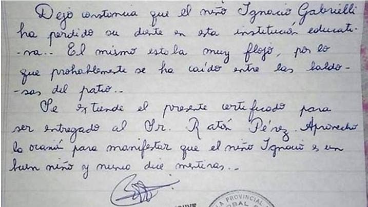 Carta de la maestra al Ratoncito Pérez. 