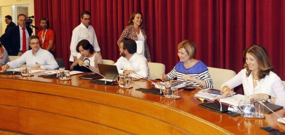 La alcaldesa, Cuca Gamarra, accede al salón municipal seguida del presidente del pleno. :: jonathan herreros
