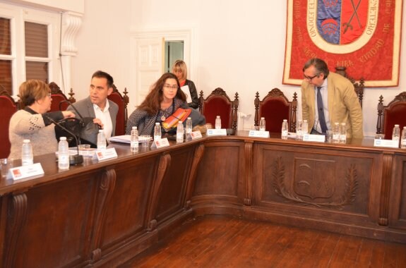 El alcalde, Luis Martínez-Portillo, y ediles del PSOE tomando asiento para la sesión de ayer. :: 