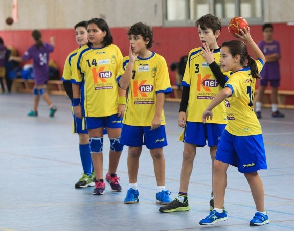 Un grupo de alevines del Calasancio calienta antes de comenzar su partido. :: F.D.