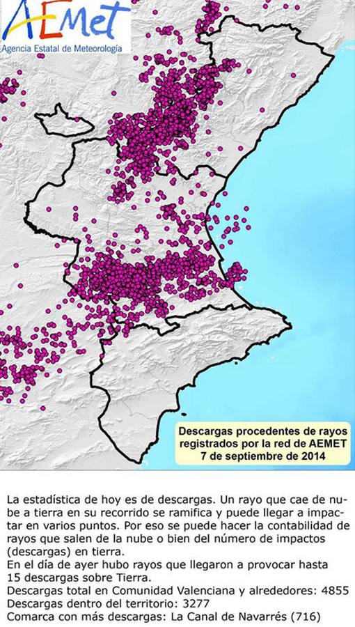 Los impactos de rayo registrados por AEMET en la Comunitat.