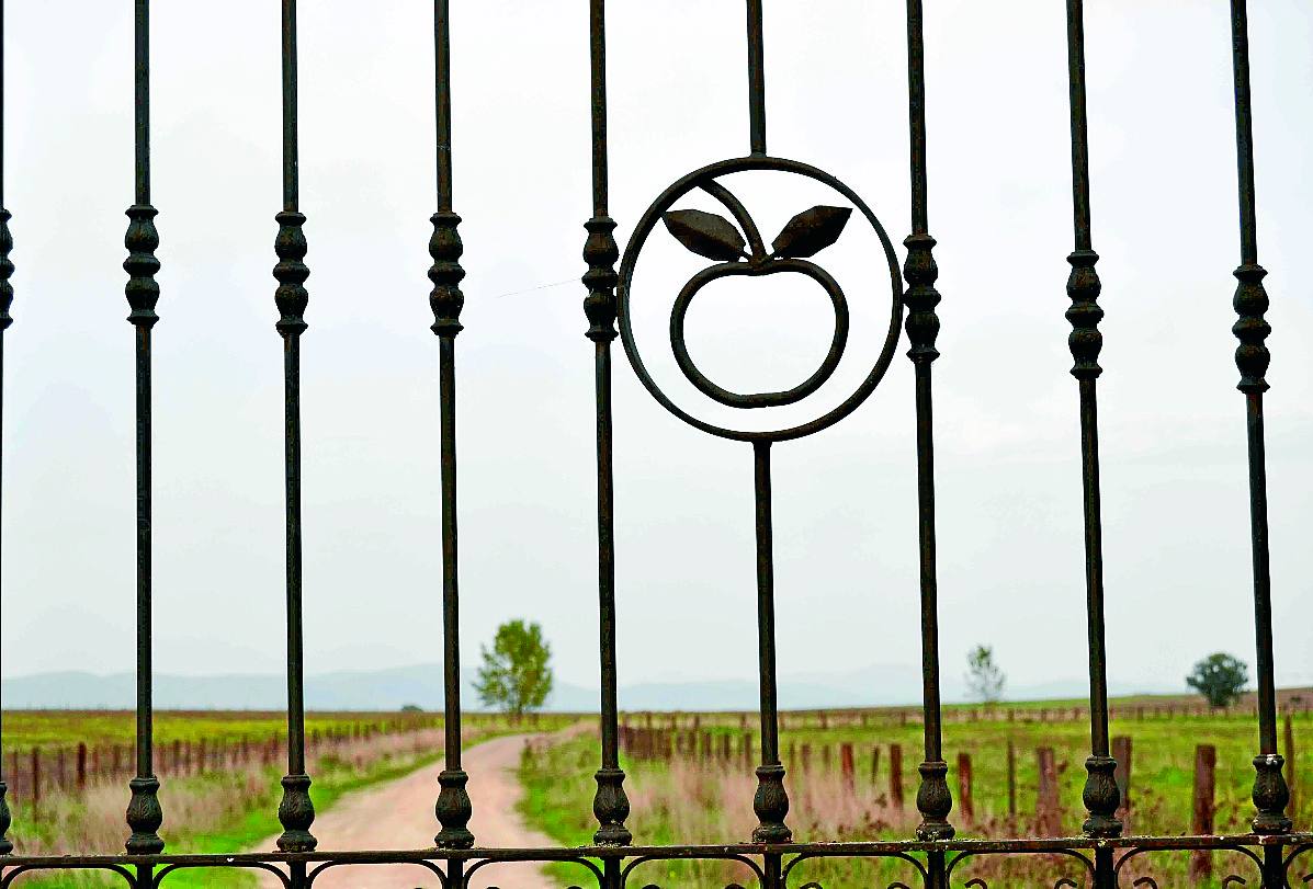 Emblema de la familia en la puerta del acceso a su finca en Cáceres. 