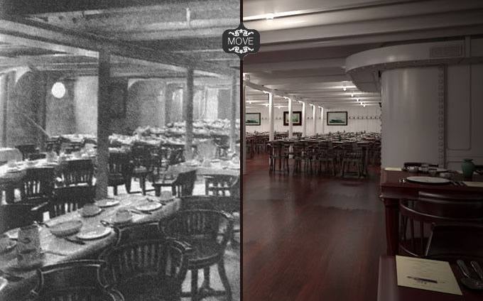 Comedor de tercera clase del Titanic original y de la réplica. 