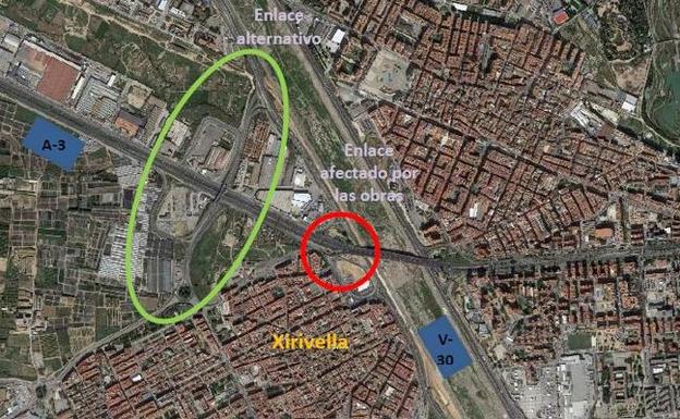 Zona afectada por los cortes en la A-3 y la V-30.