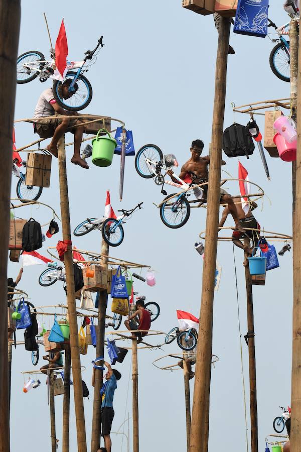 Tailanda celebra su Día de la Independencia de una manera muy peculiar: colocan en vertical los troncos talados de nogales que engrasan con aceite para dificultar la llegada a la cima en la que se encuentran varios premios. 