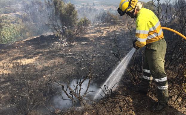 Efectivos trabajando en el incendio declarado esta tarde en Jérica.