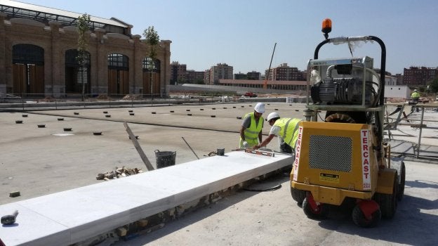 Construcción de la gran lámina de agua junto a una de las naves protegidas. 