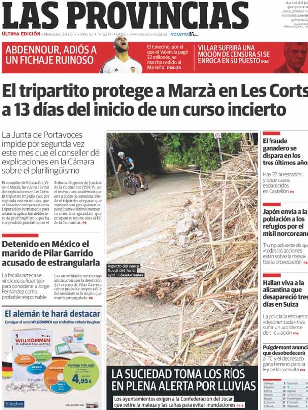 Portada de LAS PROVINCIAS del miércoles 30 de agosto de 2017