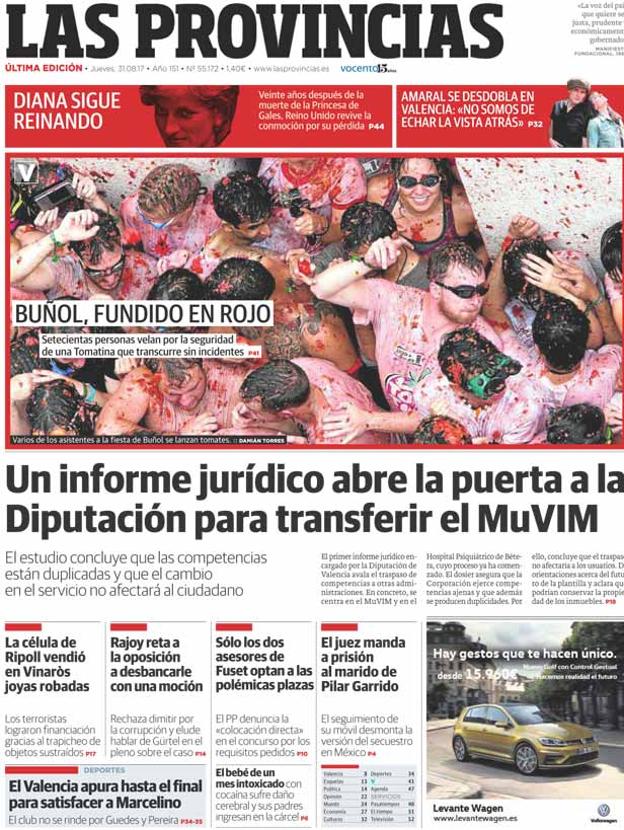 Portada de LAS PROVINCIAS del jueves 31 de agosto de 2017