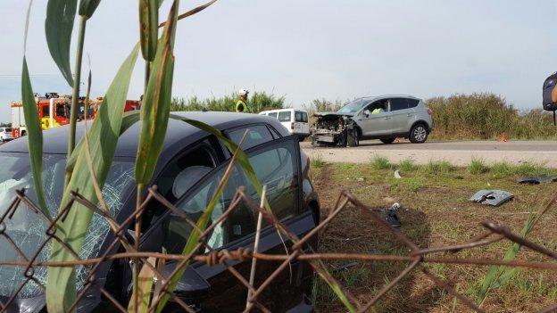 Un coche, estrellado junto a un campo, tras un accidente de circulación ocurrido ayer en El Saler. 