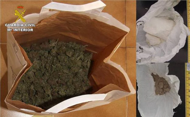 Droga incautada: cogollos de marihuana (izda), cocaína en roca (arriba dcha) y heroína (abajo dcha).
