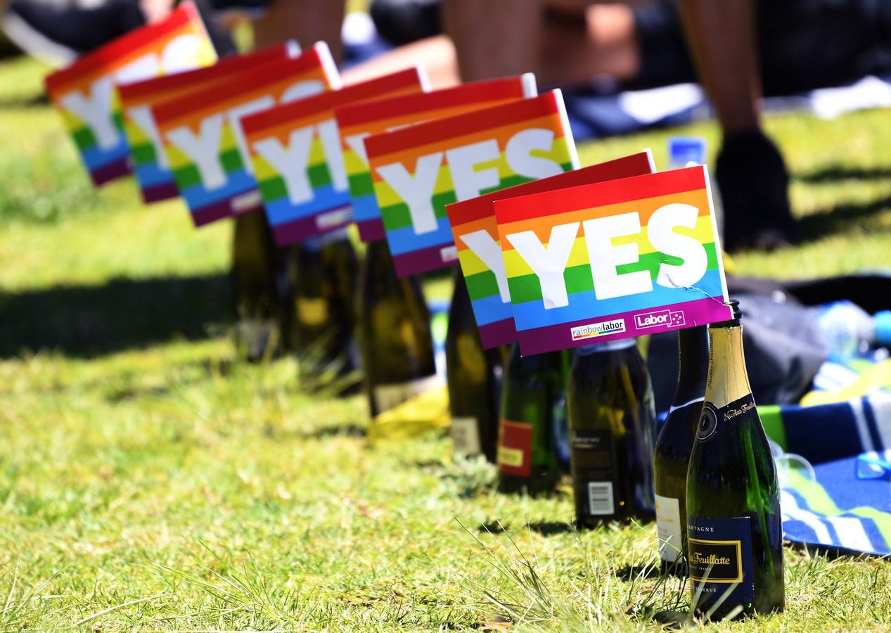 Banderas del arcoiris en botellas muestran el mensaje "sí" tras darse a conocer el resultado de la encuesta postal sobre el matrimonio homosexual en el Prince Albert Park en Sídney (Australia) hoy. Australia avanzó hacia la legalización de los matrimonios entre personas del mismo sexo al conocerse hoy los resultados de una encuesta postal no vinculante que permitirá que la propuesta se debata en el Parlamento. El Sí ganó con el 61,6 % frente al 38,4 % del Nol. 