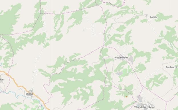 Mapa de la zona montañosa entre Chelva (izq.) e Higueruelas.