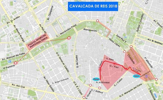 Calles cortadas en Valencia por la Cabalgata de Reyes