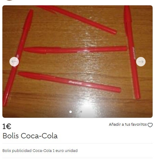 Los objetos de publicidad también forman una parte importante de la venta en las páginas de segunda mano. En Valencia encontramos algunos anuncios como estos "bolis Coca-cola" a 1 euro la unidad. ¿Estos artículos de papelería no los regalan?