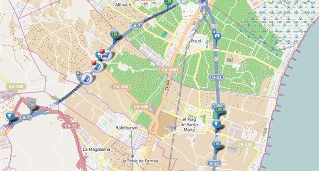 Mapa del tramos con retenciones de hasta 15 km.