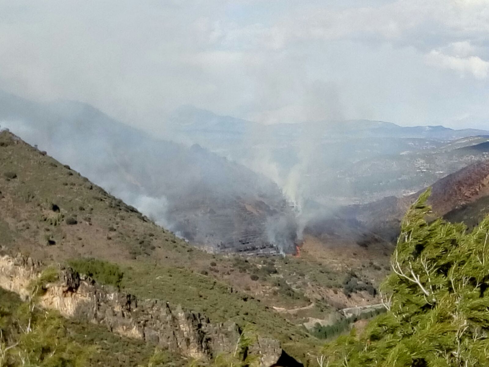 Efectivos aéreos y terrestres de bomberos trabajan en la extinción de un incendio en Montán