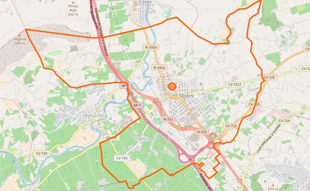 Mapa de la la autopista AP-7, a su paso por el término de Ondara.