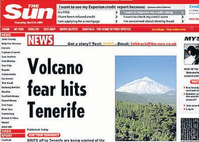 Imagen secundaria 1 - 'Fakes' en portada. No es solo que, contradiciendo todos los informes de los vulcanólogos, algunos tabloides británicos publiquen que estamos ante una alerta máxima de erupción del Teide; además, acompañan sus informaciones cion imágenes del Kiluea hawaiano escupiendo lava y gases.