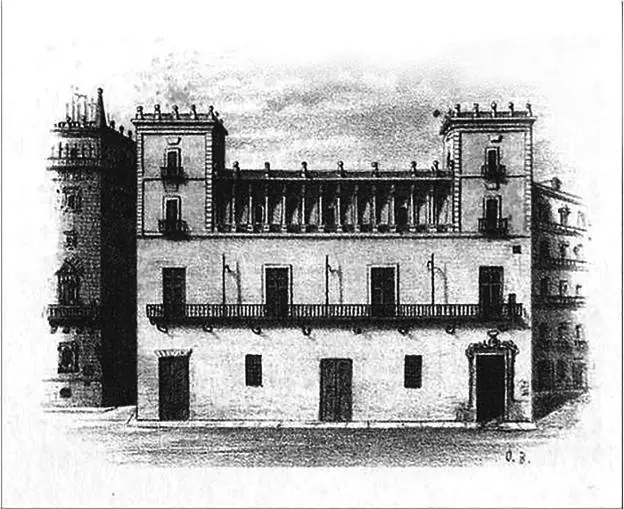 Grabado de la fachada principal de la Casa de la CIutat publicada en la Revista el Museo Literario en 1865. 