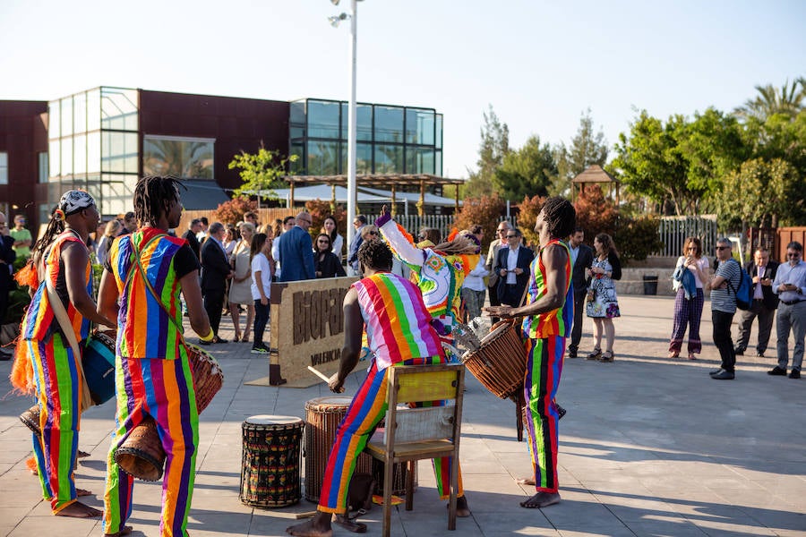 El alcalde de Valencia, Joan Ribó, el secretario autonómico de Turismo, Francesc Colomer, el escritor Santiago Posteguillo y el presidente de Rain Forest, José Maldonado, inauguran la impresionante escultura de un elefante africano, hito de la celebración del 10º aniversario del parque.