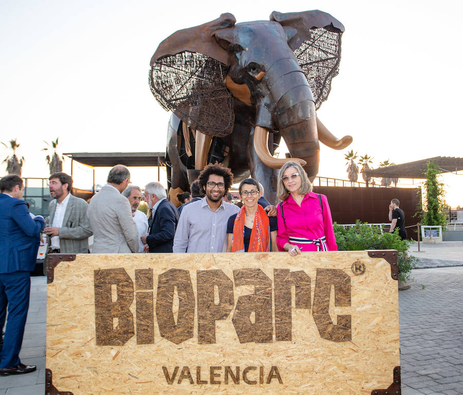 El alcalde de Valencia, Joan Ribó, el secretario autonómico de Turismo, Francesc Colomer, el escritor Santiago Posteguillo y el presidente de Rain Forest, José Maldonado, inauguran la impresionante escultura de un elefante africano, hito de la celebración del 10º aniversario del parque.