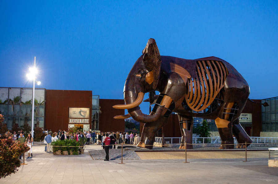 El alcalde de Valencia, Joan Ribó, el secretario autonómico de Turismo, Francesc Colomer, el escritor Santiago Posteguillo y el presidente de Rain Forest, José Maldonado, inauguran la impresionante escultura de un elefante africano, hito de la celebración del 10º aniversario del parque.