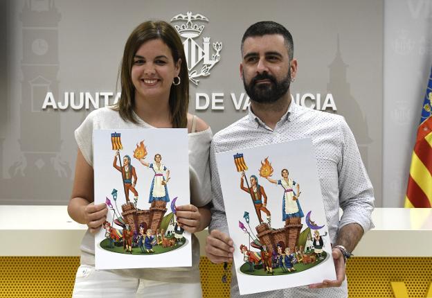  Boceto. La concejal de Turismo, Sandra Gómez, y el edil de Cultura Festiva, Pere Fuset, con el boceto de la falla. 