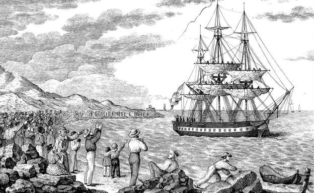 Imagen principal - Grabado que representa la partida de la Expedición Balmis. Volumen con textos científicos de Arnau Vilanova. Frontispicio de una edición del Llibre de Les Dones del XVI.