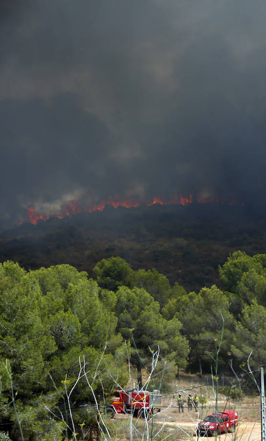 Los bomberos continúan trabajando para sofocar el incendio forestal de Llutxent