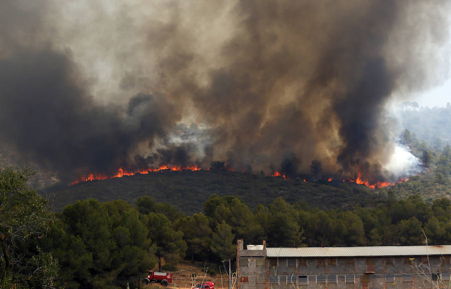 Los bomberos continúan trabajando para sofocar el incendio forestal de Llutxent