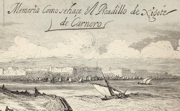 Título de la receta y vista de Cádiz grabada por Gustave Doré.