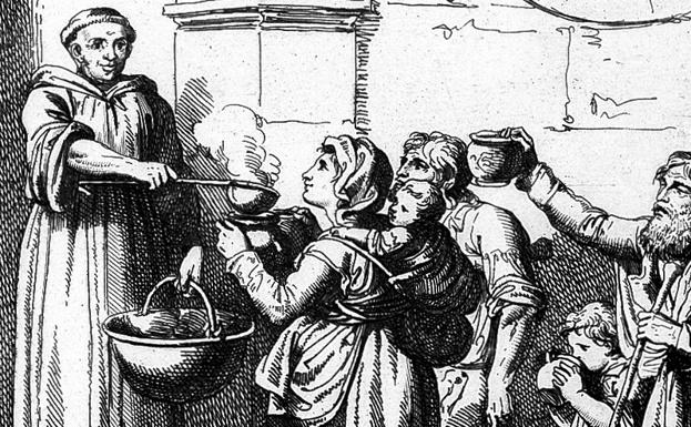 Monje alimentando a los pobres, grabado de 1819.