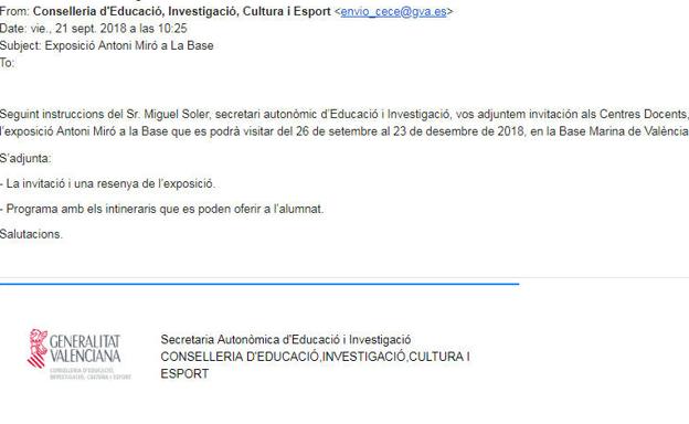 Invitación. El correo enviado por la conselleria a los centros escolares públicos y concertados de Valencia. 