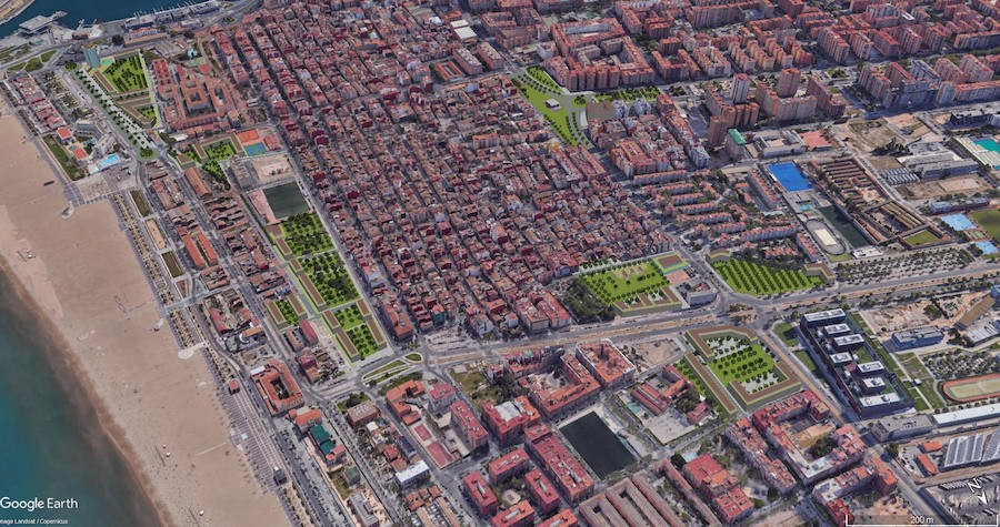 Situación Actual del Barrio: Magnitudes Globales | Superficie del Ámbito: 1.487.339 m2s. (148,73 Has.) / Edificabilidad Total: 1.388.944 m2t. / Índice de Edificabilidad Bruto: 0,9338 m2t/m2s. / Nº. Viviendas (Padrón 2016): 11.609 vivs. / Población (Potencial): 26.700 habits. / Zonas Verdes (Públicas): 139.818,65 m2s. / Equipamientos (Públicos): 57.028,80 m2s. / Ratio Dotacional (preexistente): 14,17 m2sDot./100 m2t.