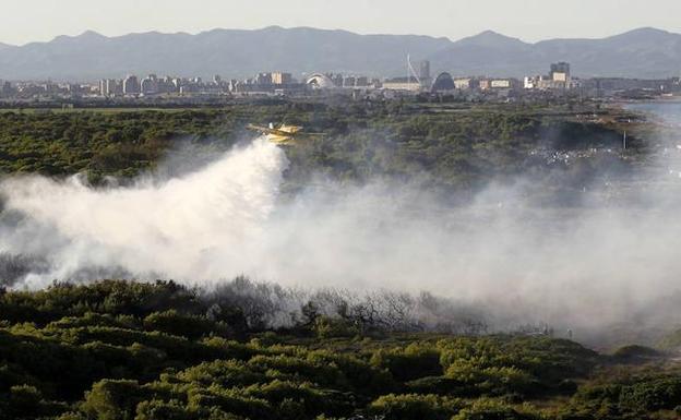 Imagen de archivo de las labores de extinción de un incendio en la Devesa de El Saler. 