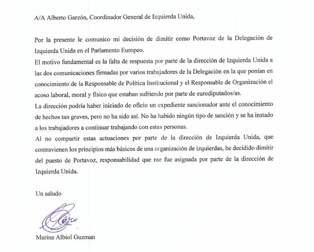 Carta enviada por Marina Albiol a Alberto Garzón. 