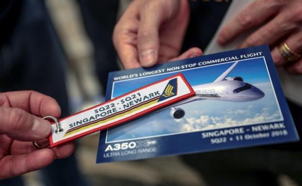 Llavero y postal conmemorativos del vuelo más largo del mundo. 