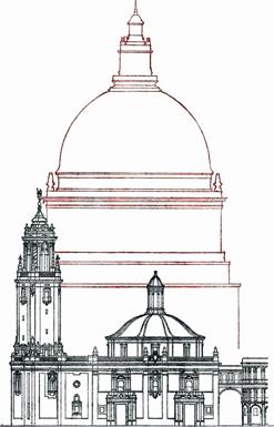 Alzado donde puede compararse la Basílica que ha de ser construida con el proyecto de reforma.