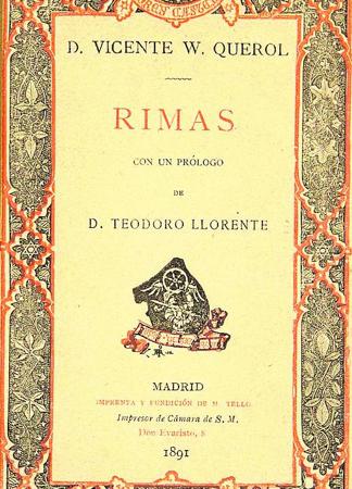 Su obra. Portada de un ejemplar de las 'Rimas' del poeta Querol.